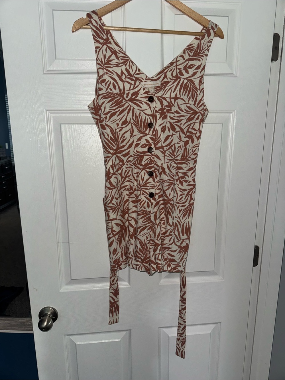 Sleeveless Brown Leaf-Print Button Front Romper
